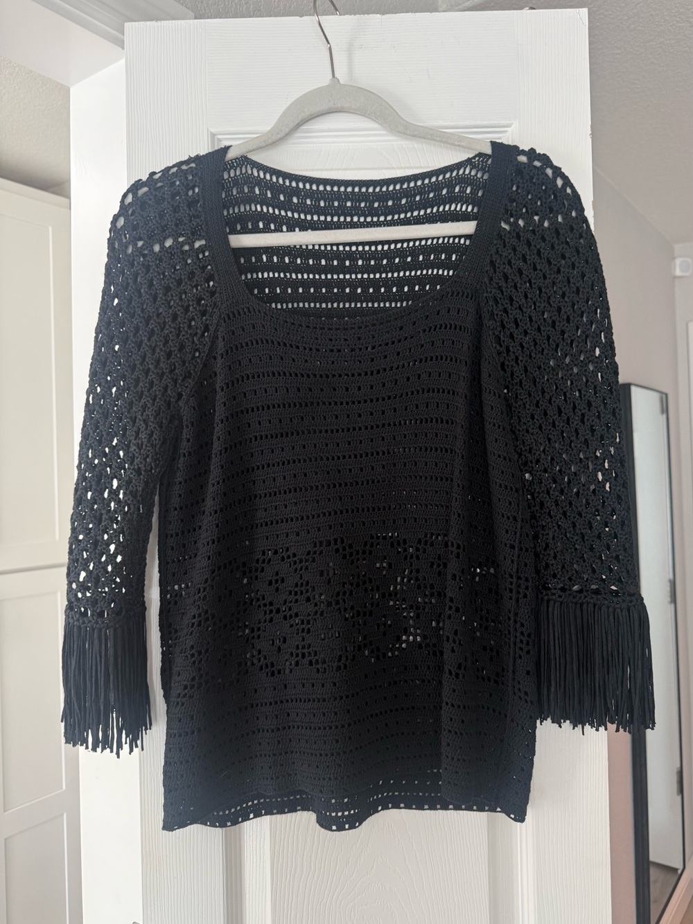 Black Crochet Fringe Sweater - Women's Lightweight Knit